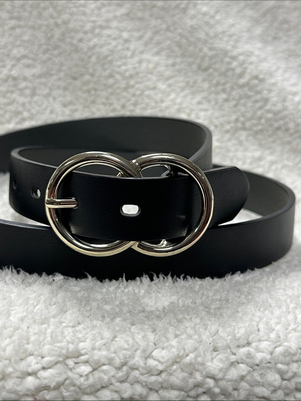 Vegan Faux Leather Black Belt With Gold Tone Double Circle Buckle, L